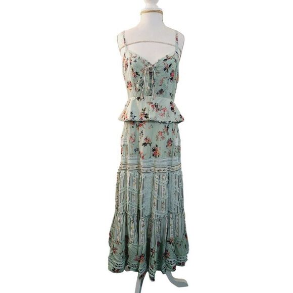 Hemant & Nandita Tiered Lace Mint Floral Boho Cottage Core Midi Dress Sz Small - Picture 7 of 10